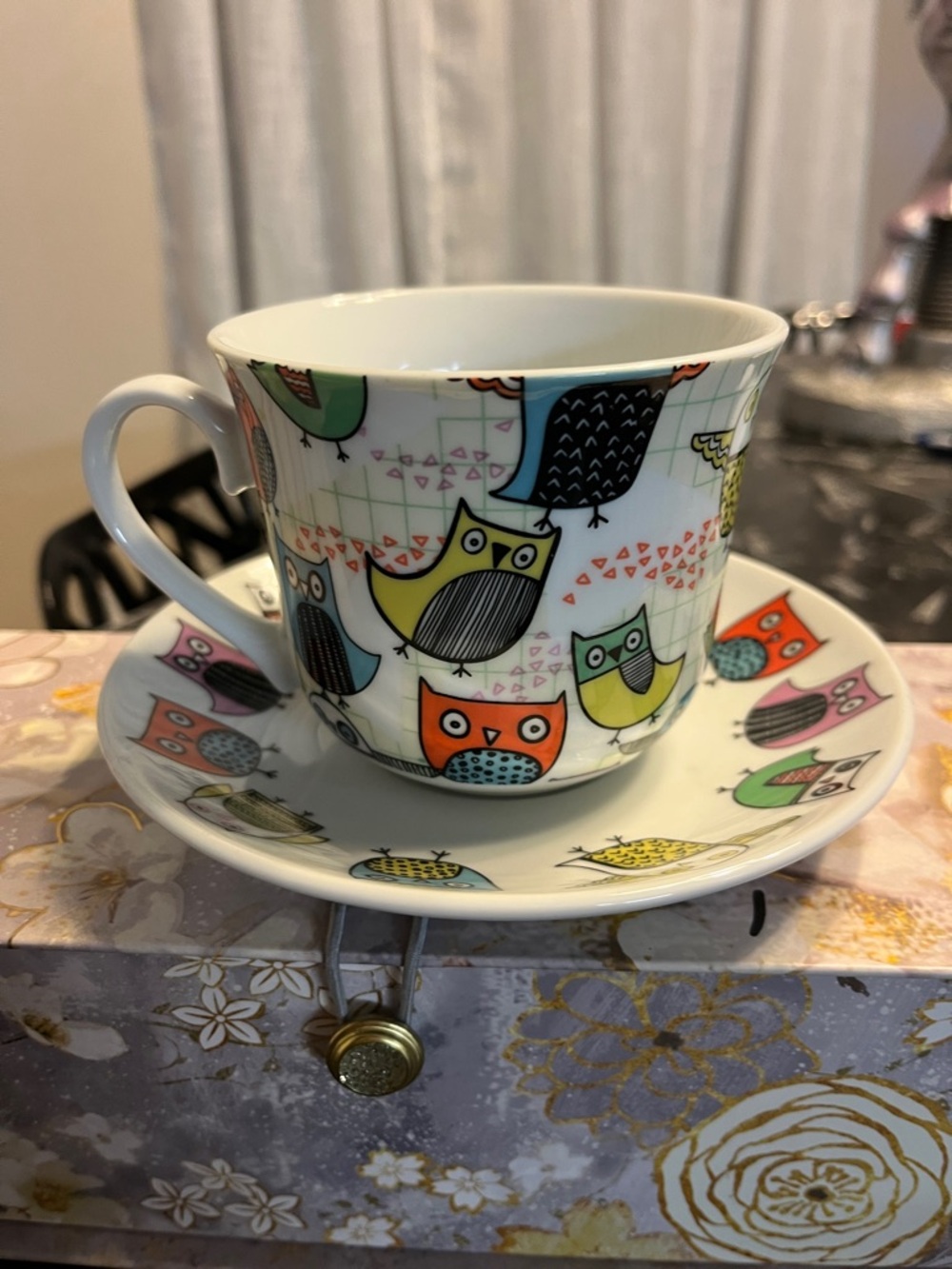 Colorful Owl Tea Cup and Saucer Set - Multi Color